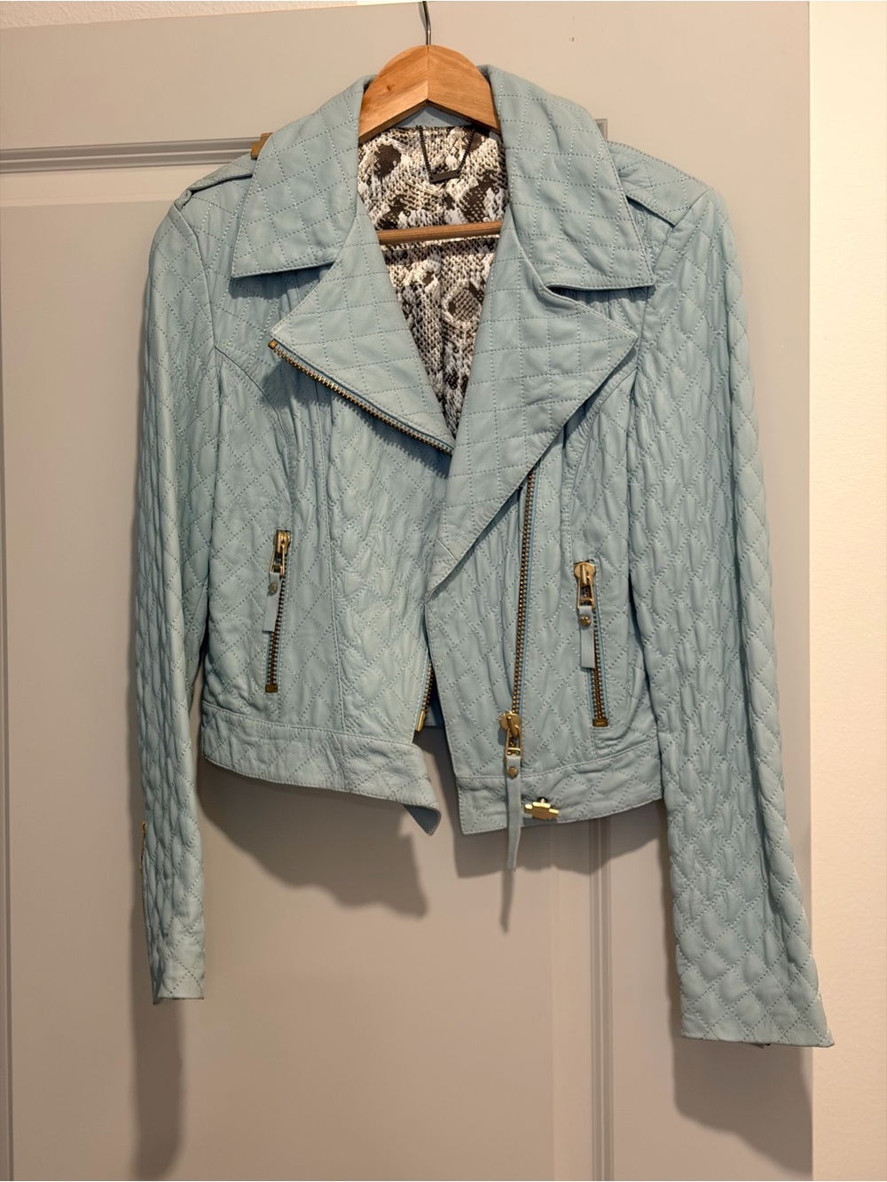Animale Light Blue Quilted Leather Moto Jacket